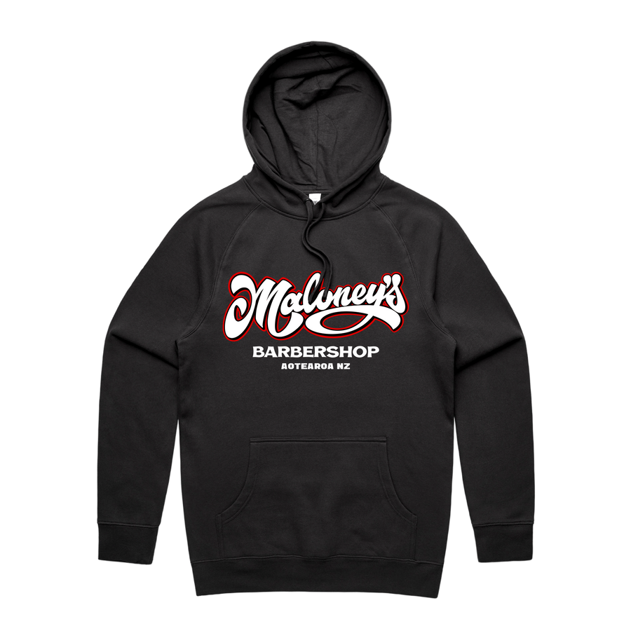 Maloney’s Barber Otis Frizzell men's black hoodie with red logo, front view showing hoodie and logo details.