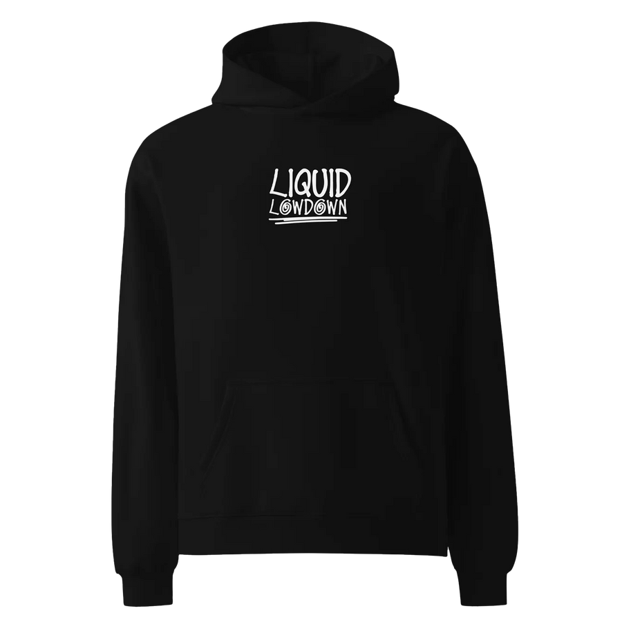 Men's black hoodie by Liquid Lowdown with front pocket and hood, casual streetwear style, shown from the front.