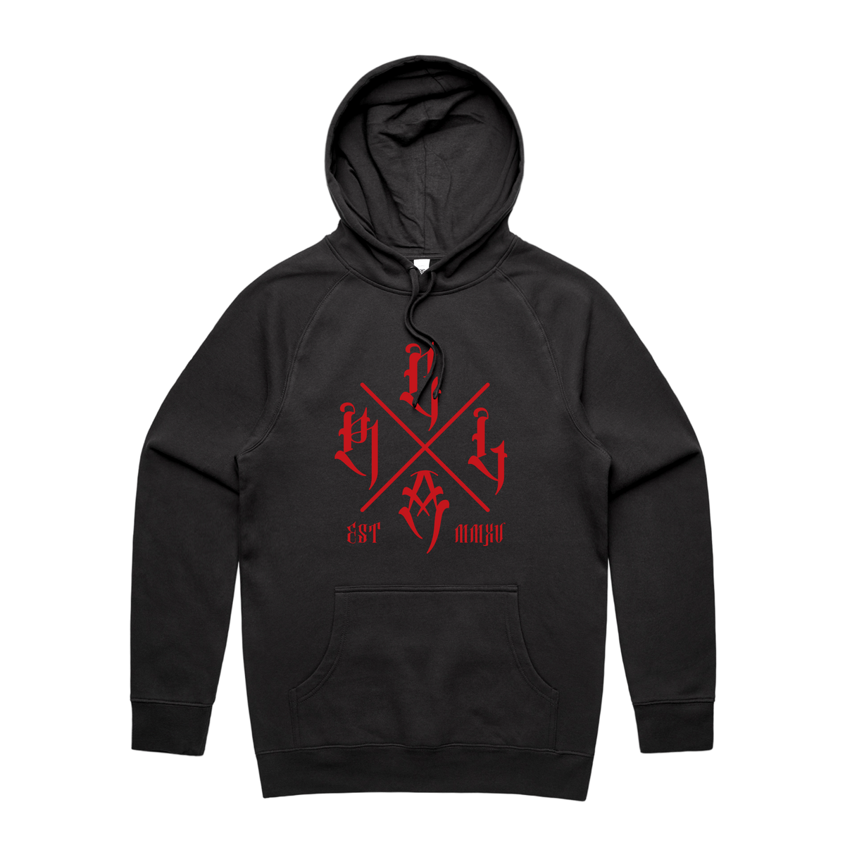 Men's black hoodie by Red Line Combat Academy with a red logo on the front, casual athletic wear for men.