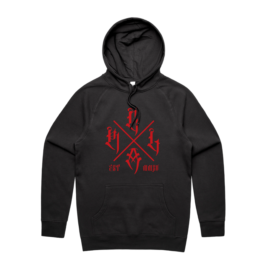Men's black hoodie by Red Line Combat Academy with a red logo on the front, casual athletic wear for men.