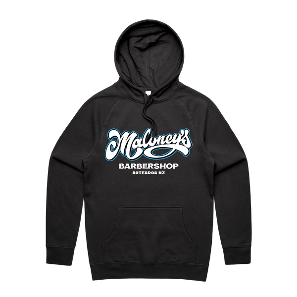 Maloney’s Barber - Otis Frizzell - Men's Black Hoodie - Blue Logo