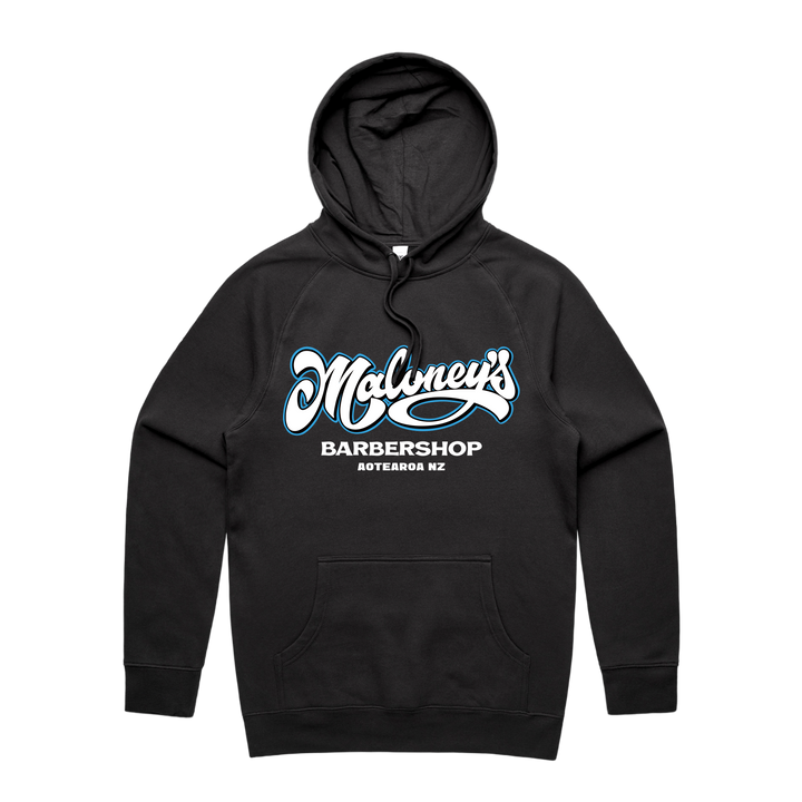 Men's black hoodie from Maloney’s Barber Shop featuring Otis Frizzell artwork and a blue logo on the front.