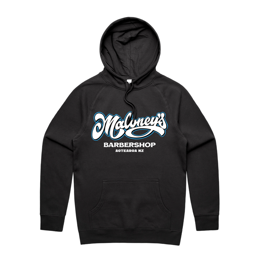 Men's black hoodie from Maloney’s Barber Shop featuring Otis Frizzell artwork and a blue logo on the front.