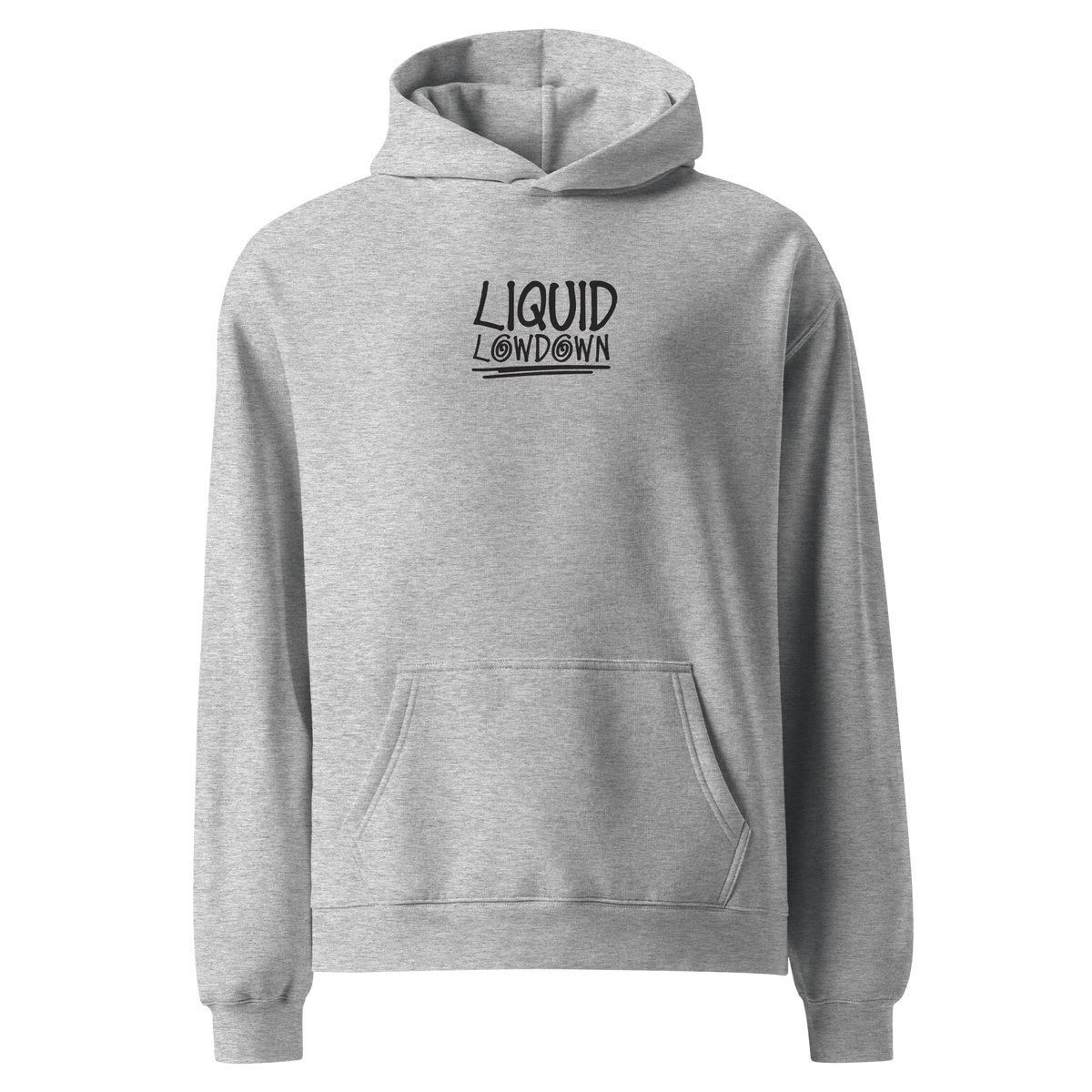Men's grey hoodie by Liquid Lowdown featuring a front view, casual style, and comfortable fit.