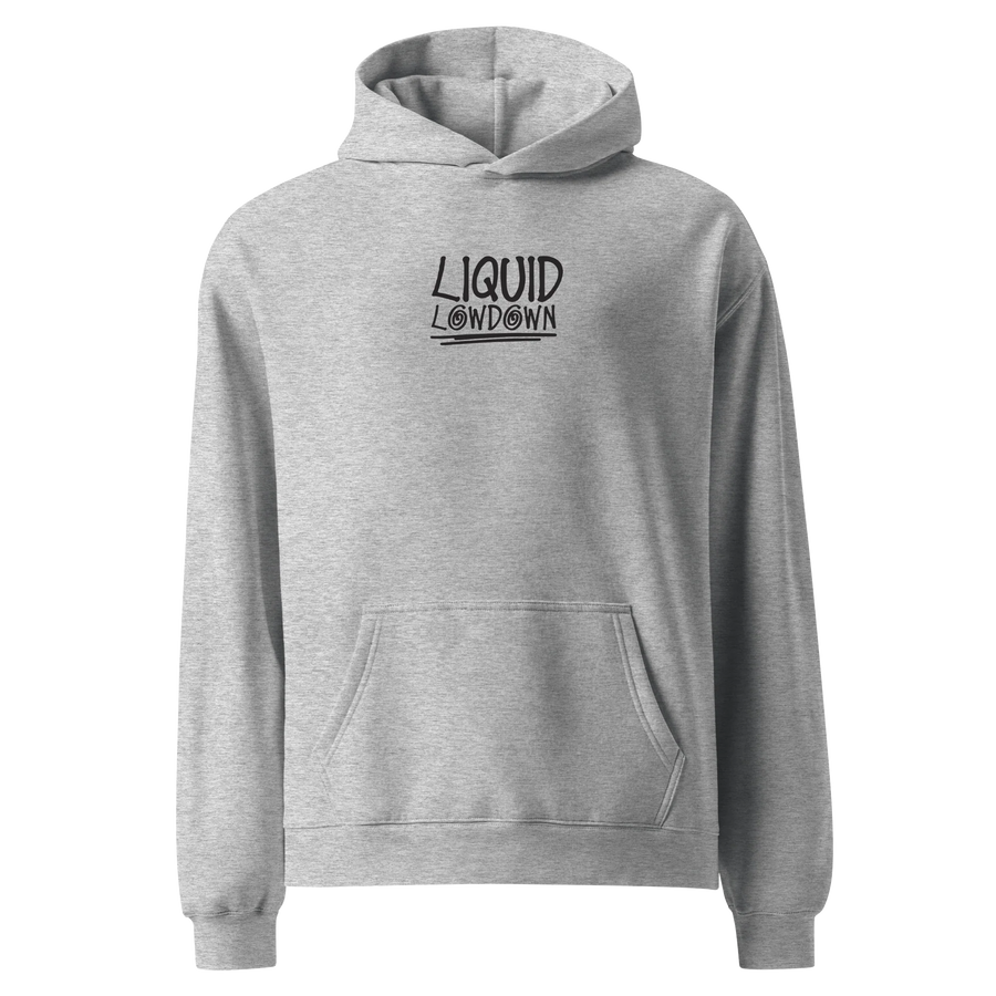 Men's grey hoodie by Liquid Lowdown featuring a front view, casual style, and comfortable fit.