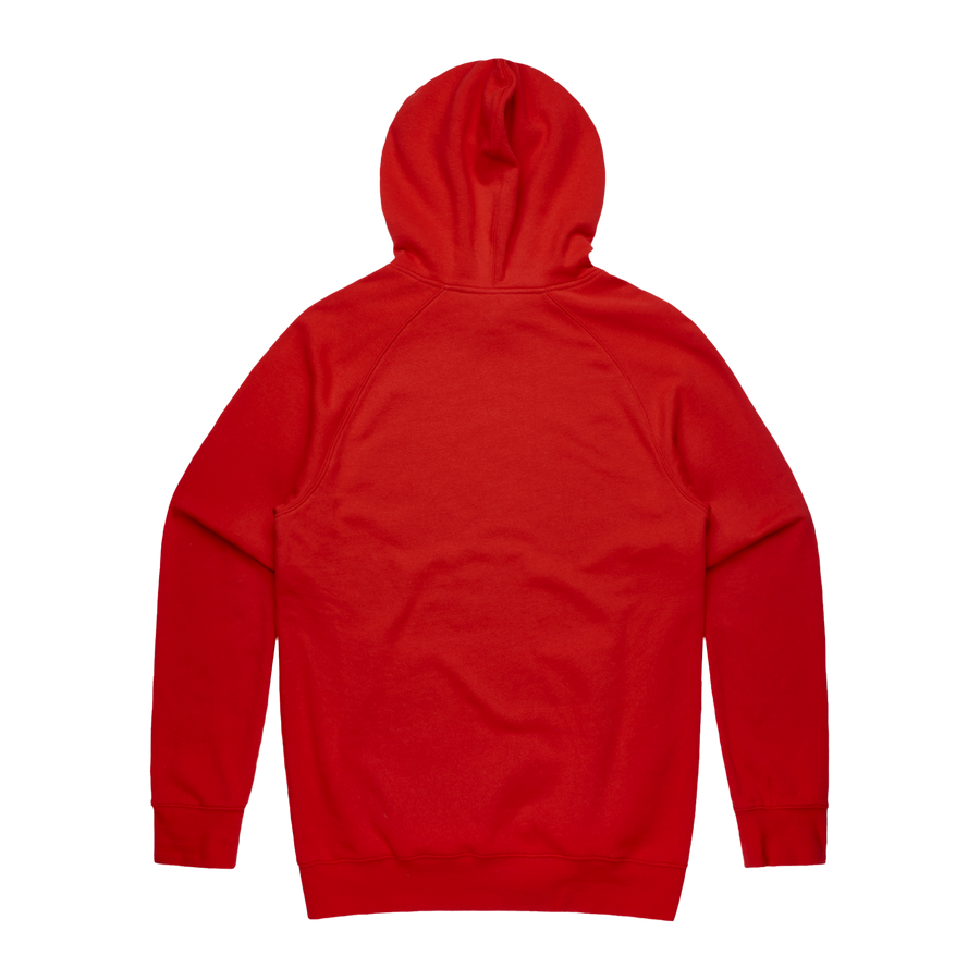 Red Line Combat Academy men's red hoodie with white logo on back, casual athletic style, front view.