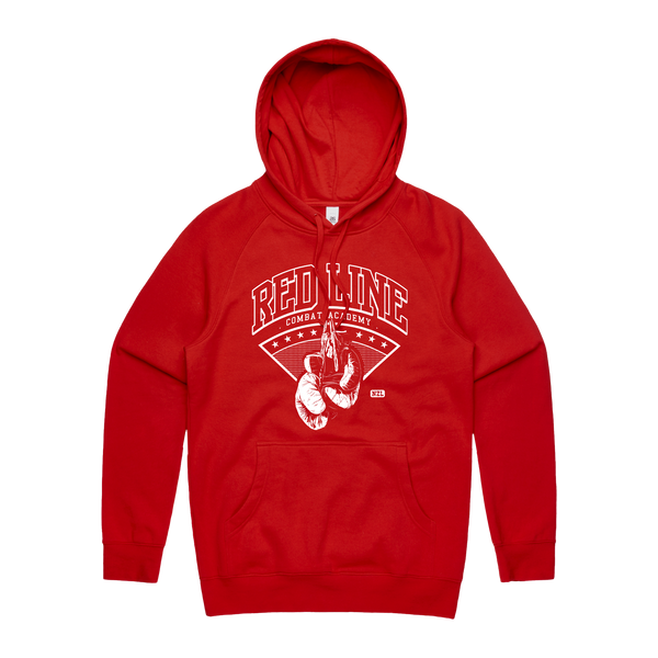 Men's red hoodie by Red Line Combat Academy with white logo on front, casual athletic style, front view.