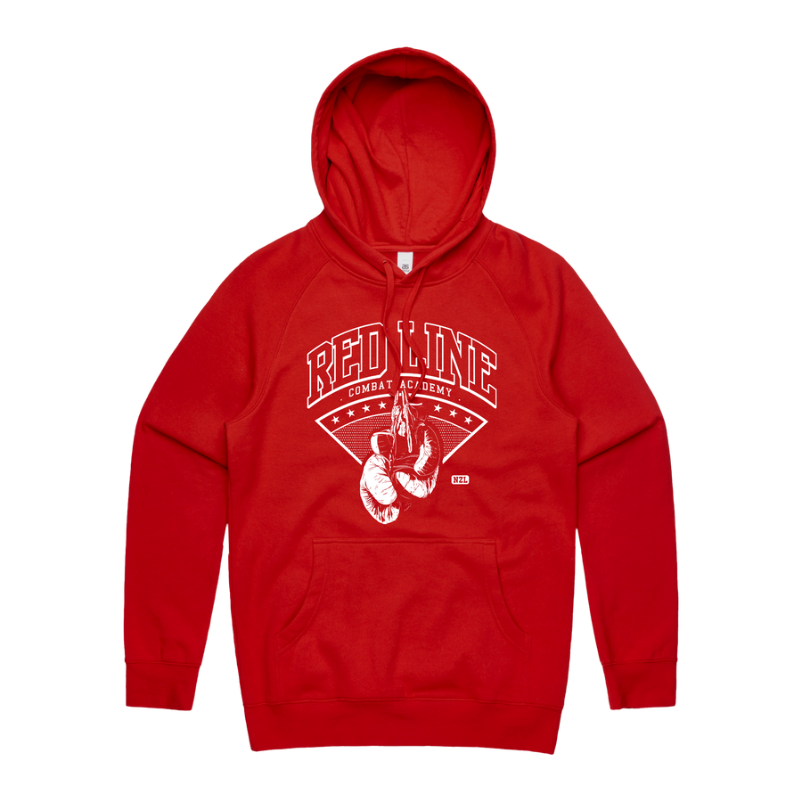 Men's red hoodie by Red Line Combat Academy with white logo on front, casual athletic style, front view.