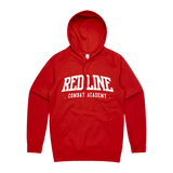 Men's red hoodie by Red Line Combat Academy with white logo front view, casual athletic apparel for men