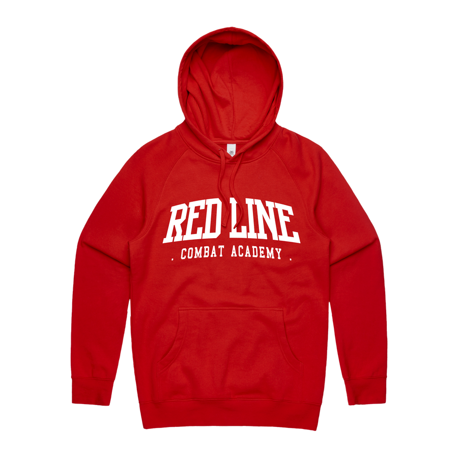 Men's red hoodie by Red Line Combat Academy with white logo front view, casual athletic apparel for men