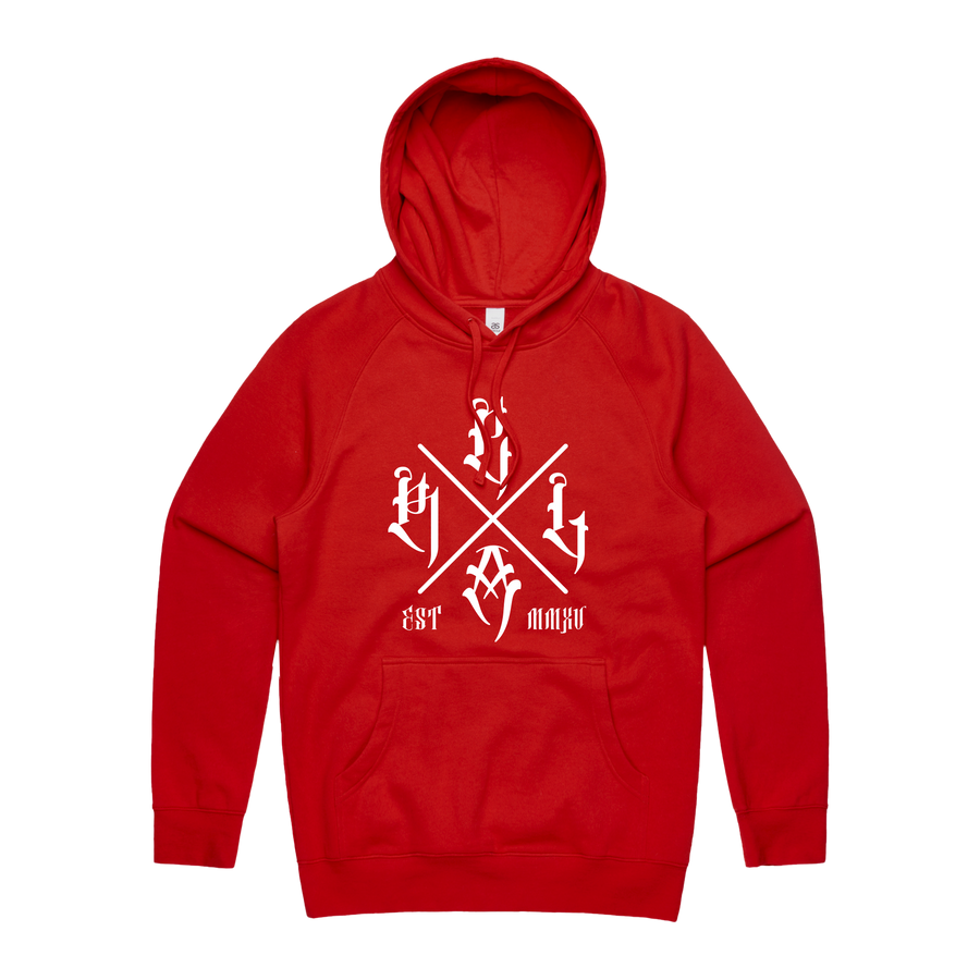 Red Line Combat Academy men's red hoodie with a white logo front view, casual athletic style, comfortable fit