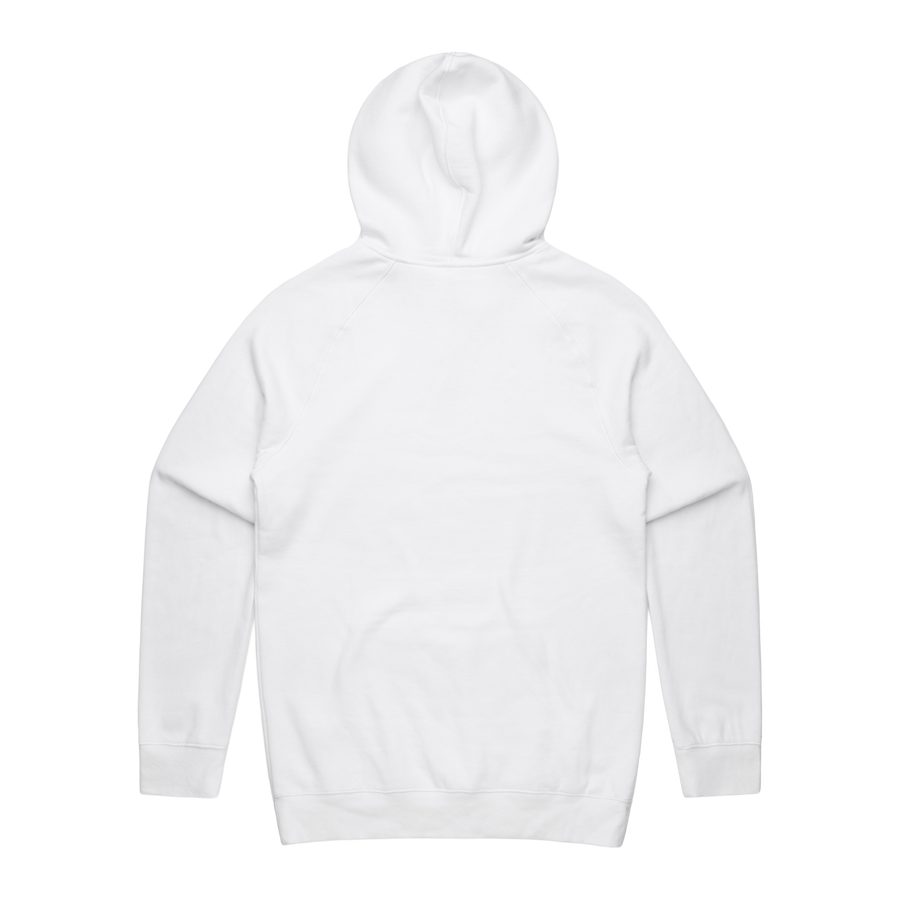 Men's white hoodie by Red Line Combat Academy with a red logo on the back, casual fit, and front pocket detail.
