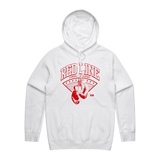Men's white hoodie with red logo from Red Line Combat Academy, front view showing hoodie and logo design.