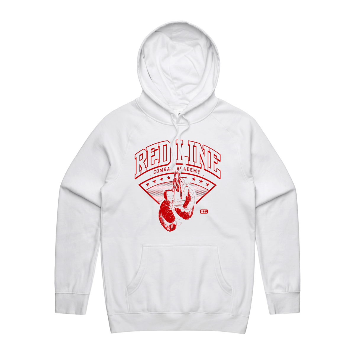 Men's white hoodie with red logo from Red Line Combat Academy, front view showing hoodie and logo design.