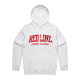 Men's white hoodie by Red Line Combat Academy with a red logo on the front, casual fit, front view, soft fabric details.