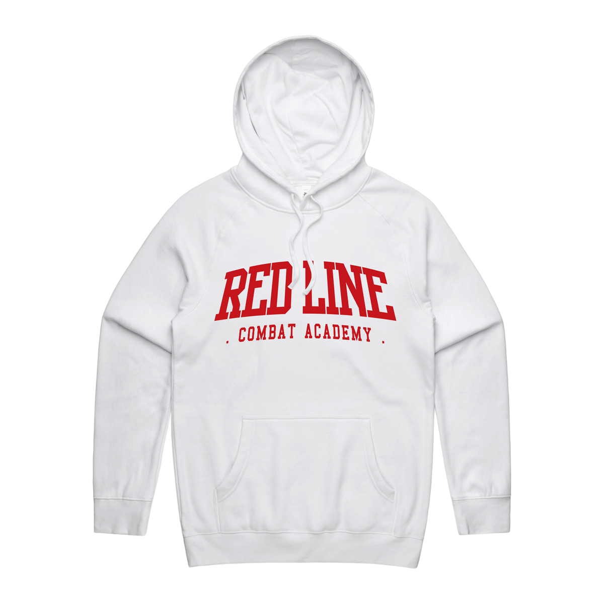 Men's white hoodie by Red Line Combat Academy with a red logo on the front, casual fit, front view, soft fabric details.