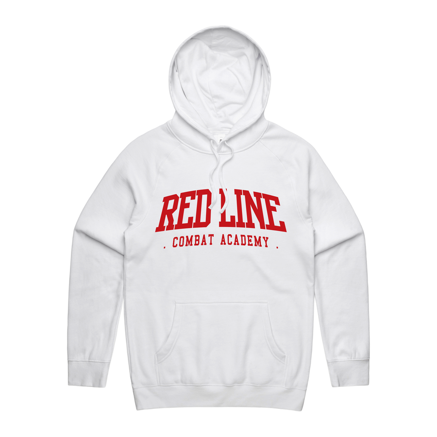 Men's white hoodie by Red Line Combat Academy with a red logo on the front, casual fit, front view, soft fabric details.