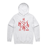 Men's white hoodie with red logo from Red Line Combat Academy, front view showing the design and fit.