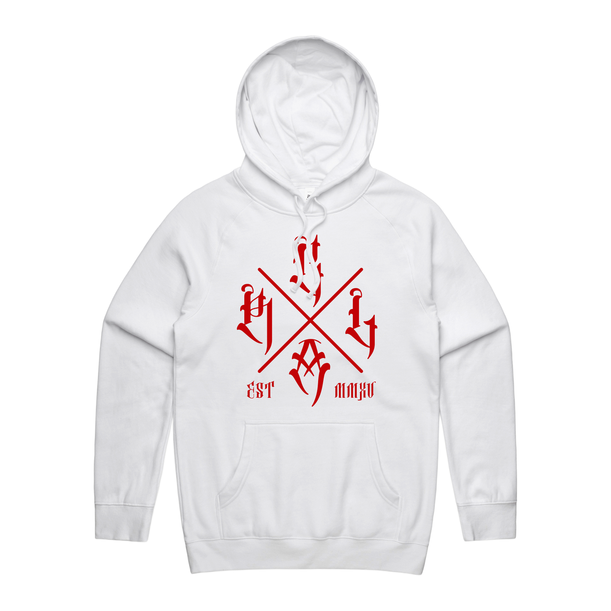 Men's white hoodie with red logo from Red Line Combat Academy, front view showing the design and fit.