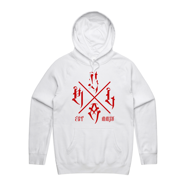 Men's white hoodie with red logo from Red Line Combat Academy, front view showing the design and fit.