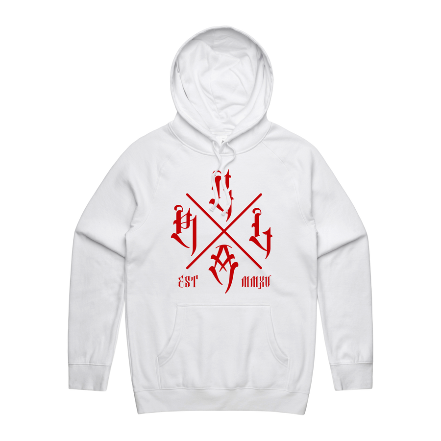 Men's white hoodie with red logo from Red Line Combat Academy, front view showing the design and fit.