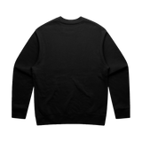 Men's black crew sweatshirt by Maloney's Barber Shop featuring a blue Otis Frizzell logo on the back.
