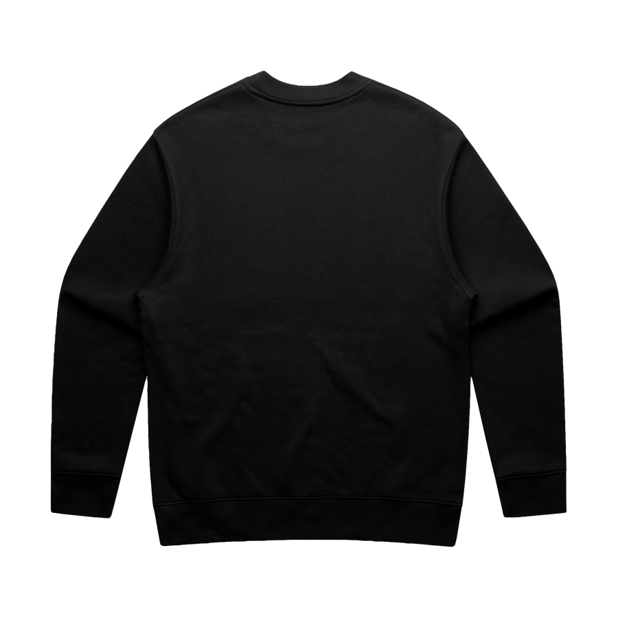 Men's black crew sweatshirt by Maloney's Barber Shop featuring a blue Otis Frizzell logo on the back.