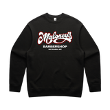 Black men's crew sweatshirt by Maloney's Barber Shop featuring Otis Frizzell artwork and a red logo on the front.