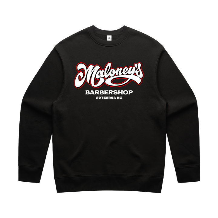 Black men's crew sweatshirt by Maloney's Barber Shop featuring Otis Frizzell artwork and a red logo on the front.