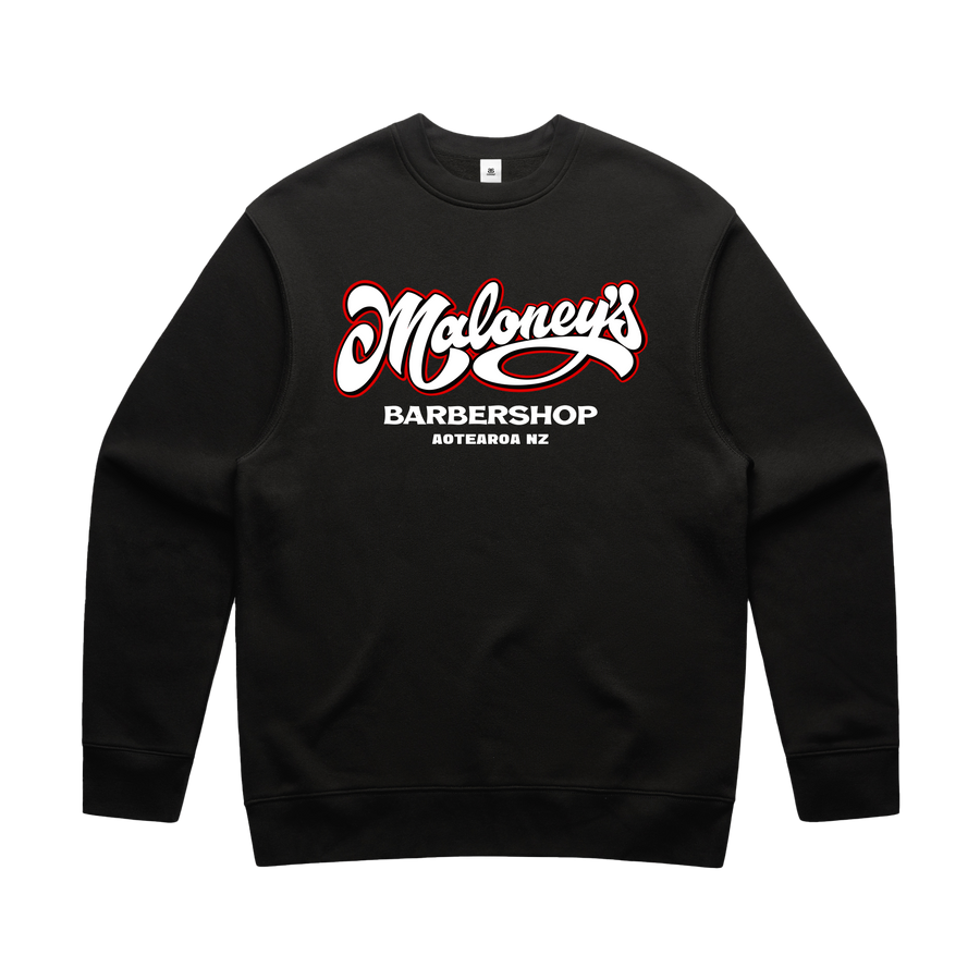 Black men's crew sweatshirt by Maloney's Barber Shop featuring Otis Frizzell artwork and a red logo on the front.