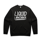 Men's black sweatshirt by Liquid Lowdown featuring a relaxed crewneck design, shown from the front.