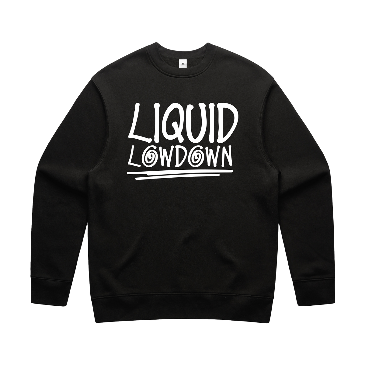 Men's black sweatshirt by Liquid Lowdown featuring a relaxed crewneck design, shown from the front.