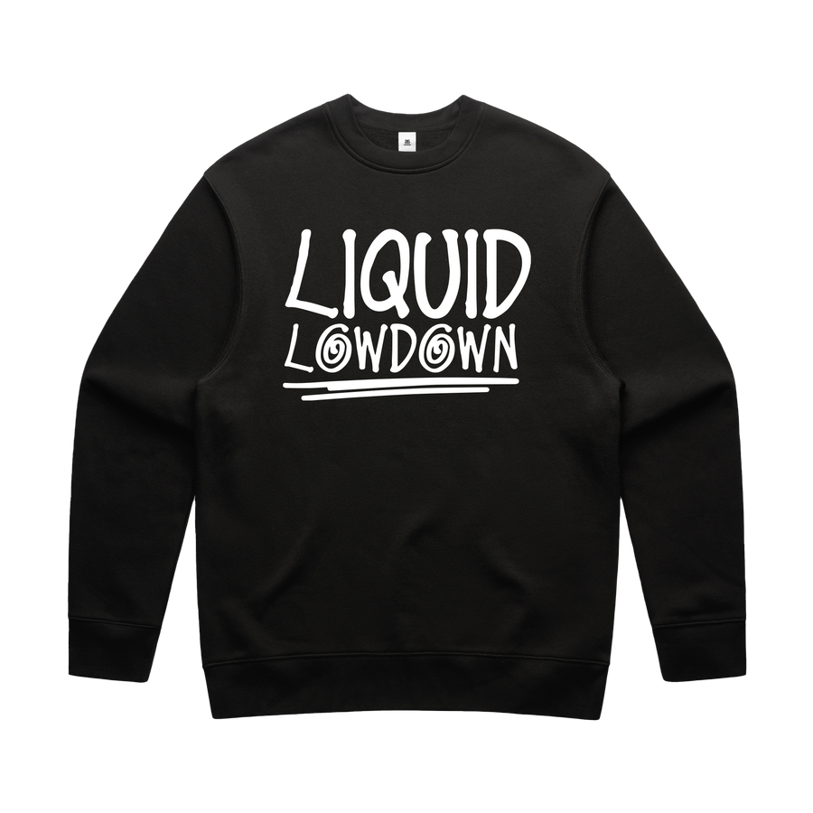Men's black sweatshirt by Liquid Lowdown featuring a relaxed crewneck design, shown from the front.