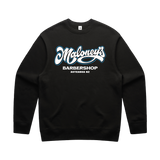 Men's black crew sweatshirt by Maloney's Barber Shop featuring a blue Otis Frizzell logo front design.