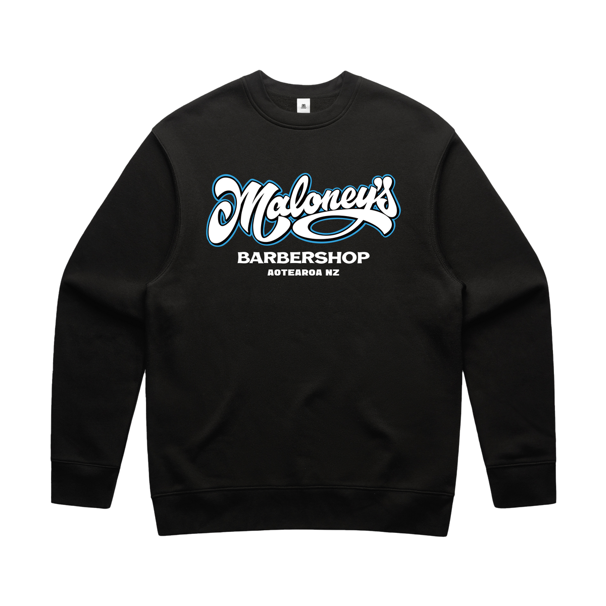 Men's black crew sweatshirt by Maloney's Barber Shop featuring a blue Otis Frizzell logo front design.