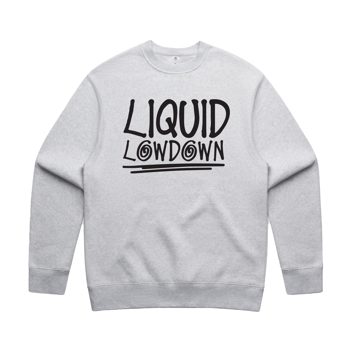 Men's white marle sweatshirt by Liquid Lowdown featuring a relaxed fit and crew neckline, front view image.