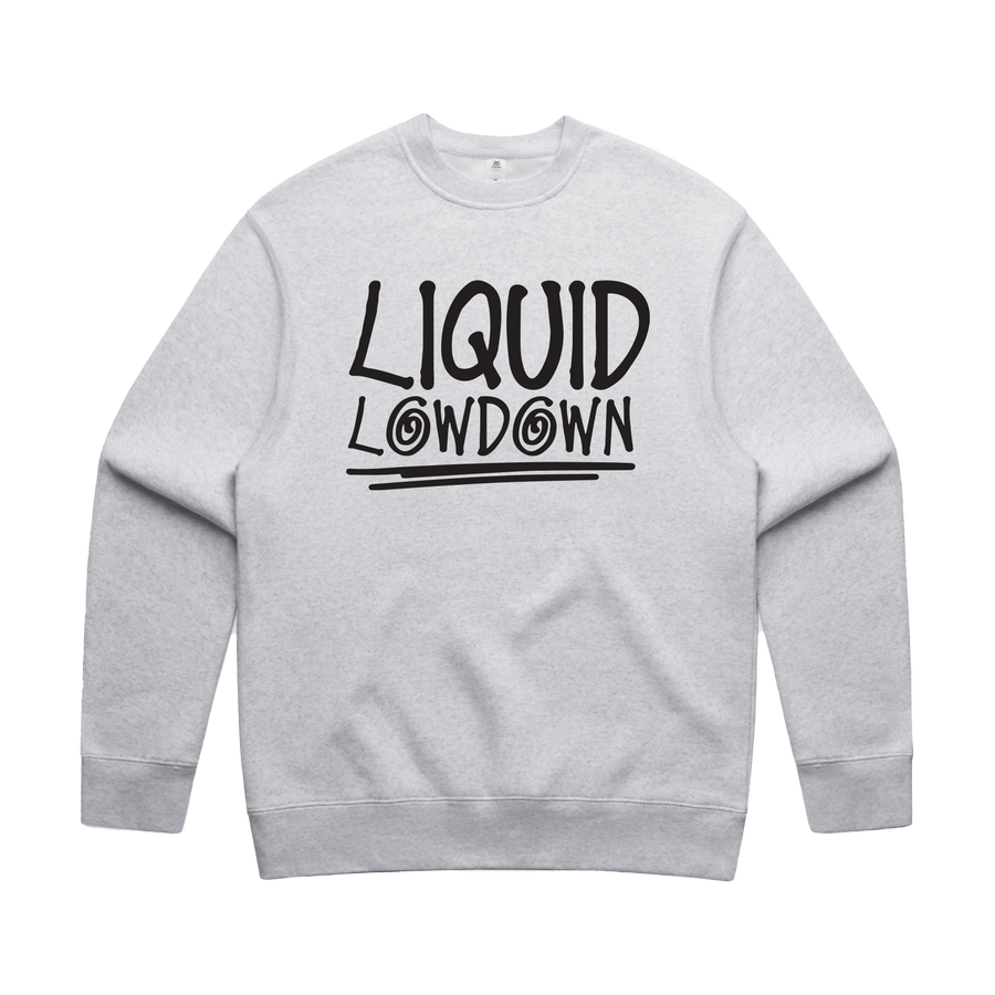 Men's white marle sweatshirt by Liquid Lowdown featuring a relaxed fit and crew neckline, front view image.