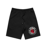 Black Bream Bay Boxing stadium shorts with logo waistband and breathable fabric, front view showing athletic design.