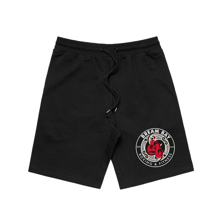 Black Bream Bay Boxing stadium shorts with logo waistband and breathable fabric, front view showing athletic design.