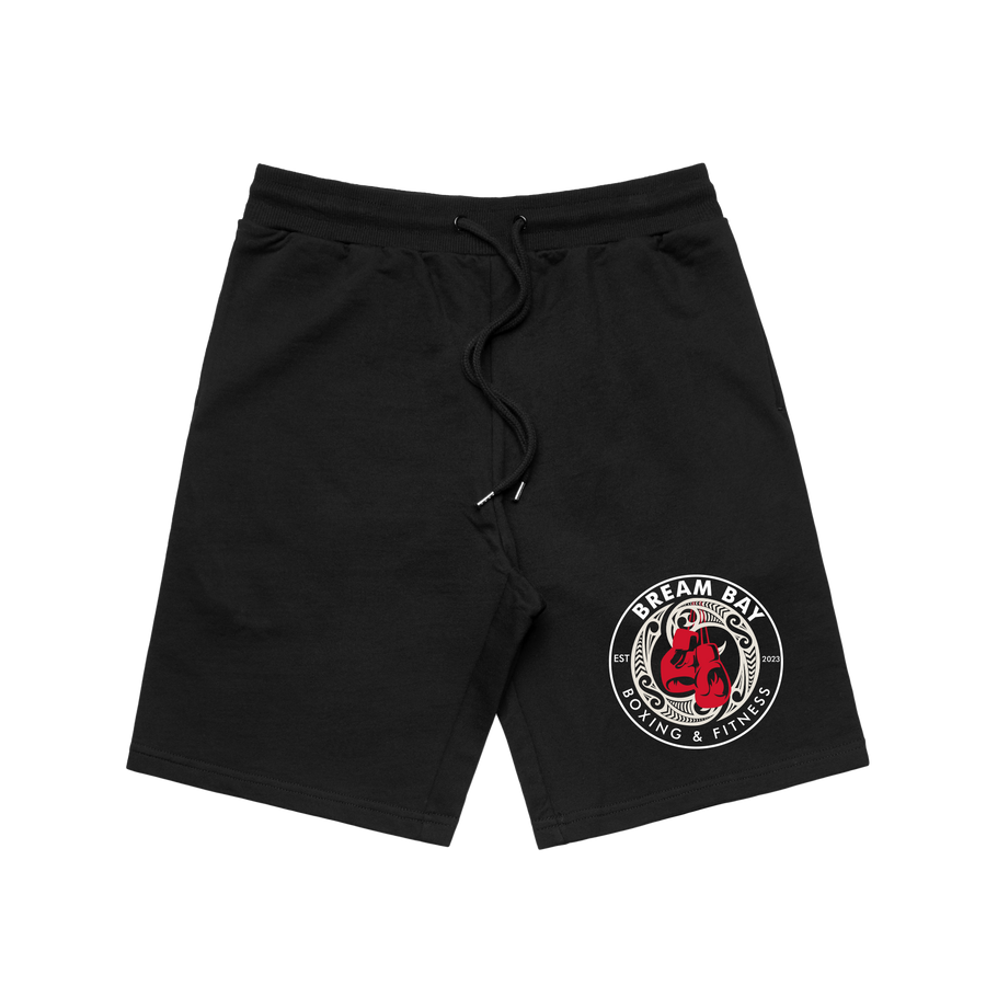 Black Bream Bay Boxing stadium shorts with logo waistband and breathable fabric, front view showing athletic design.