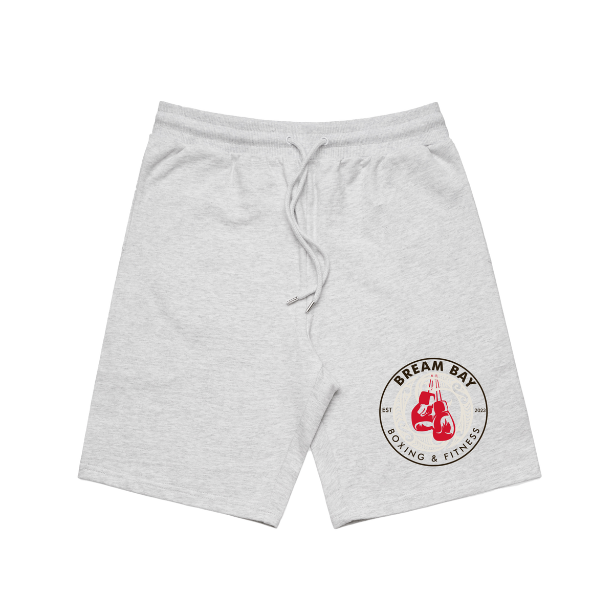 Bream Bay Boxing white marle stadium shorts with elastic waistband, front view showing sporty design and lightweight fabric.