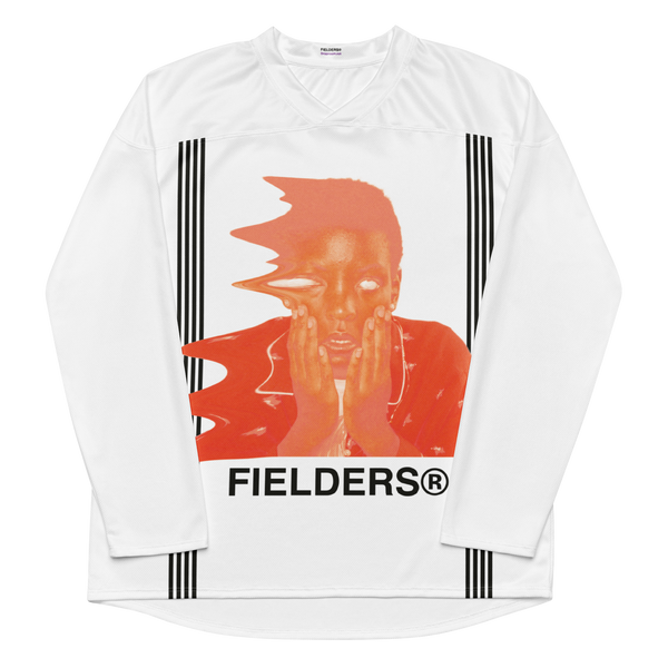 Terreyl Fields Fielders Drippin Trip white recycled hockey jersey with all-over print design, front view.
