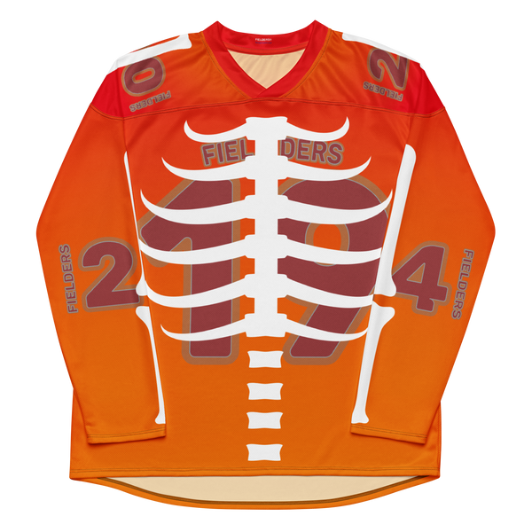 Orange Fielders Ribcage Varsity hockey jersey by Terreyl Fields featuring all-over print and recycled material.