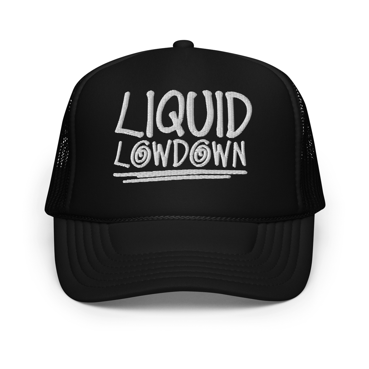 Black Liquid Lowdown foam trucker hat with front logo, one size fits most, casual and stylish headwear.