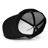 Black foam trucker hat by Liquid Lowdown featuring a curved brim and adjustable snapback for a casual, stylish look.