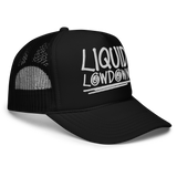 Black foam trucker hat by Liquid Lowdown with a curved brim and mesh back, shown from the right front view.