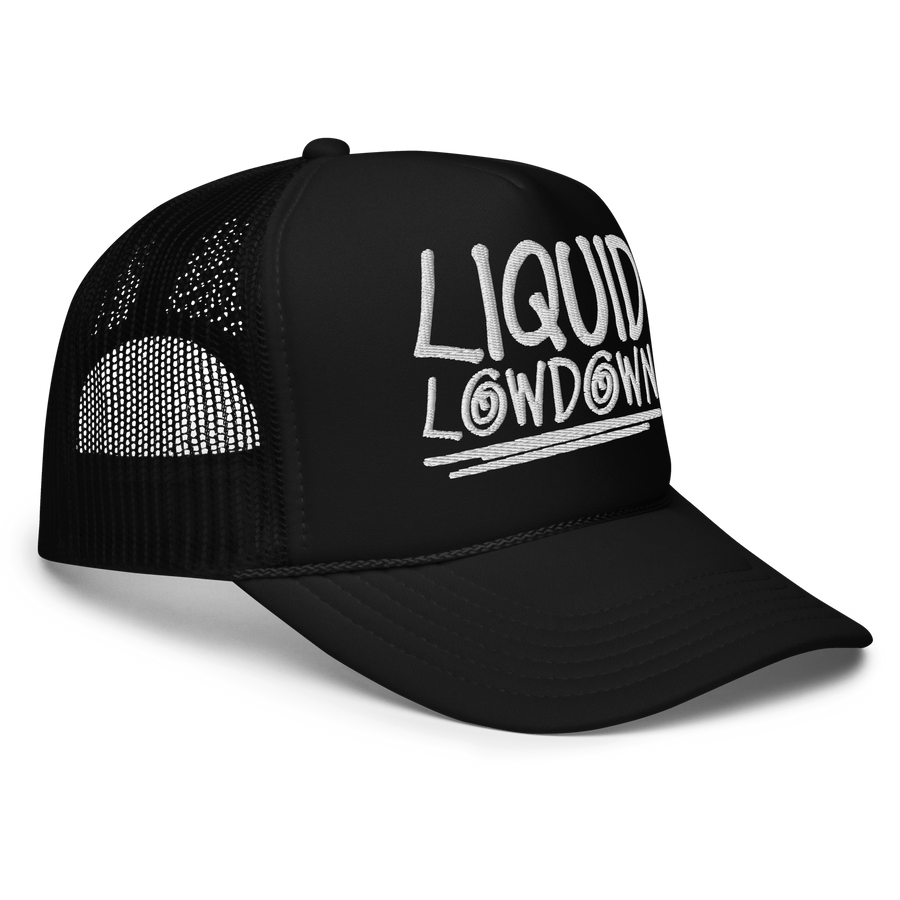 Black foam trucker hat by Liquid Lowdown with a curved brim and mesh back, shown from the right front view.