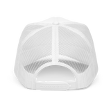 White foam trucker hat by Liquid Lowdown featuring a mesh back and adjustable snap closure, shown from the back.