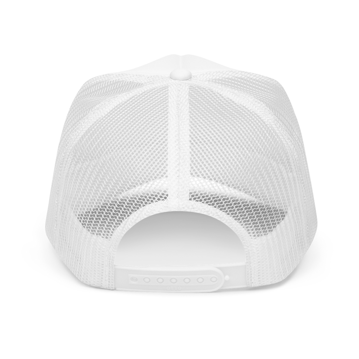 White foam trucker hat by Liquid Lowdown featuring a mesh back and adjustable snap closure, shown from the back.