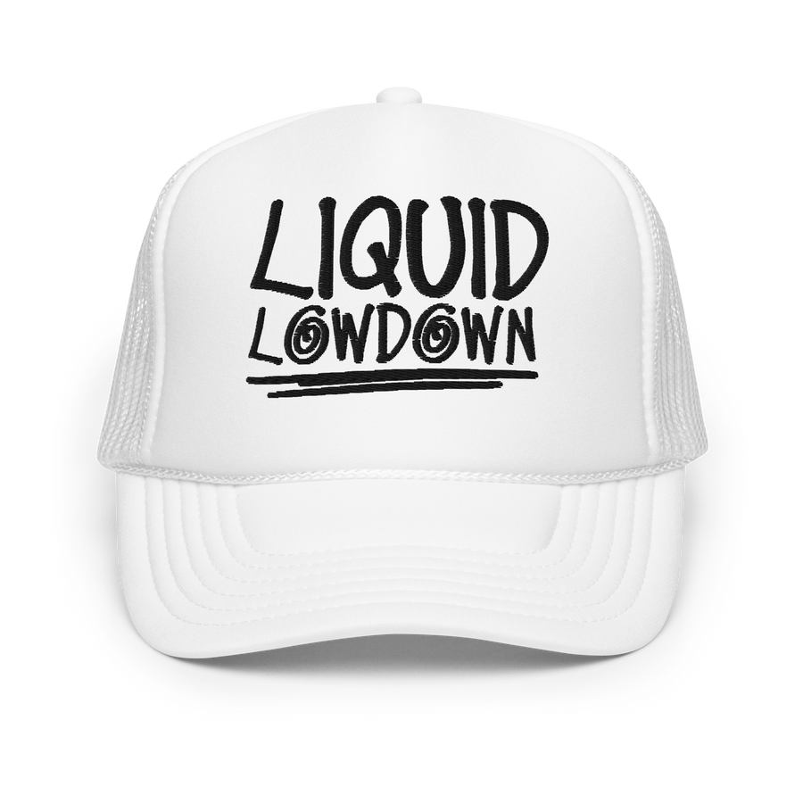 White foam trucker hat by Liquid Lowdown with front panel design, adjustable one-size fit, and mesh back for ventilation.